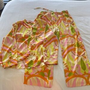 Zara Matching Set Multicolor Patterned Button Down Shirt and Pants